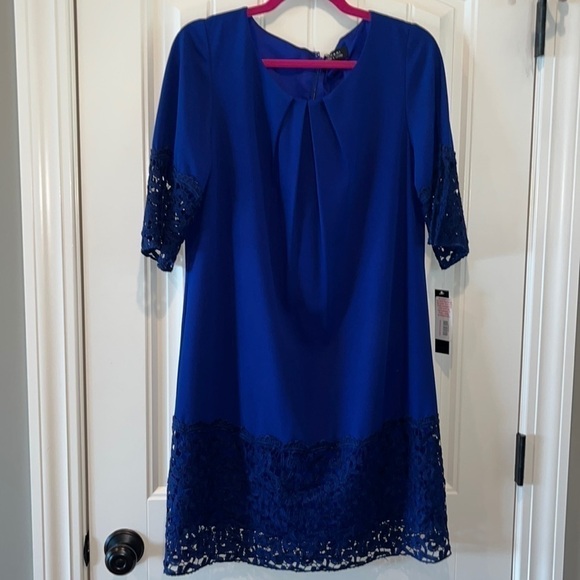 Beautiful lapis blue Tahari ASL dress lace details size 10 NWT - Picture 1 of 10